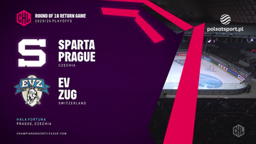 Grafika zapowiadająca mecz hokejowy: Sparta Praga vs. EV Zug, Round of 16 Return Game, 2025/26 Playoffs, Champions Hockey League.