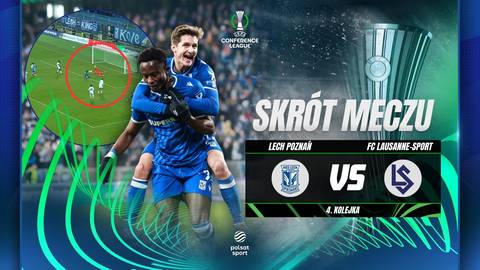 Dwóch piłkarzy Lecha Poznań w akcji podczas meczu z FC Lausanne-Sport. Widoczny fragment boiska z zaznaczonym obszarem gry.