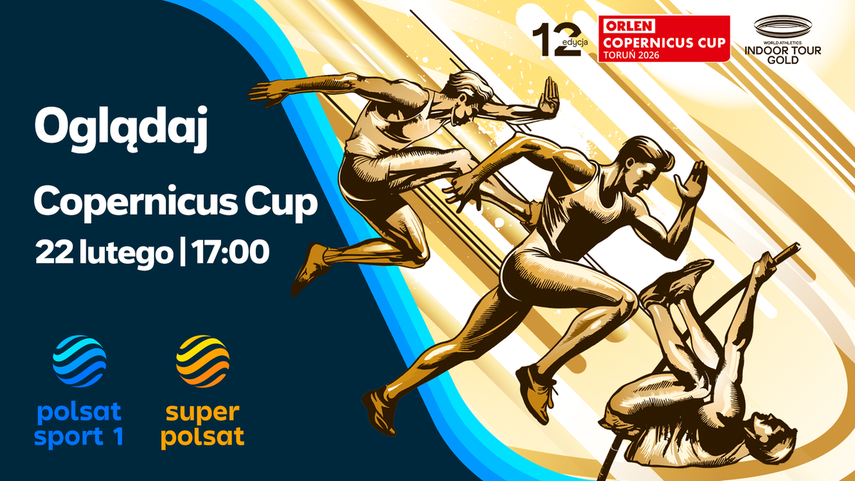 Grafika promocyjna Copernicus Cup z sylwetkami lekkoatletów w ruchu, informująca o transmisji na kanałach Polsat Sport 1 i Super Polsat 22 lutego o 17:00.