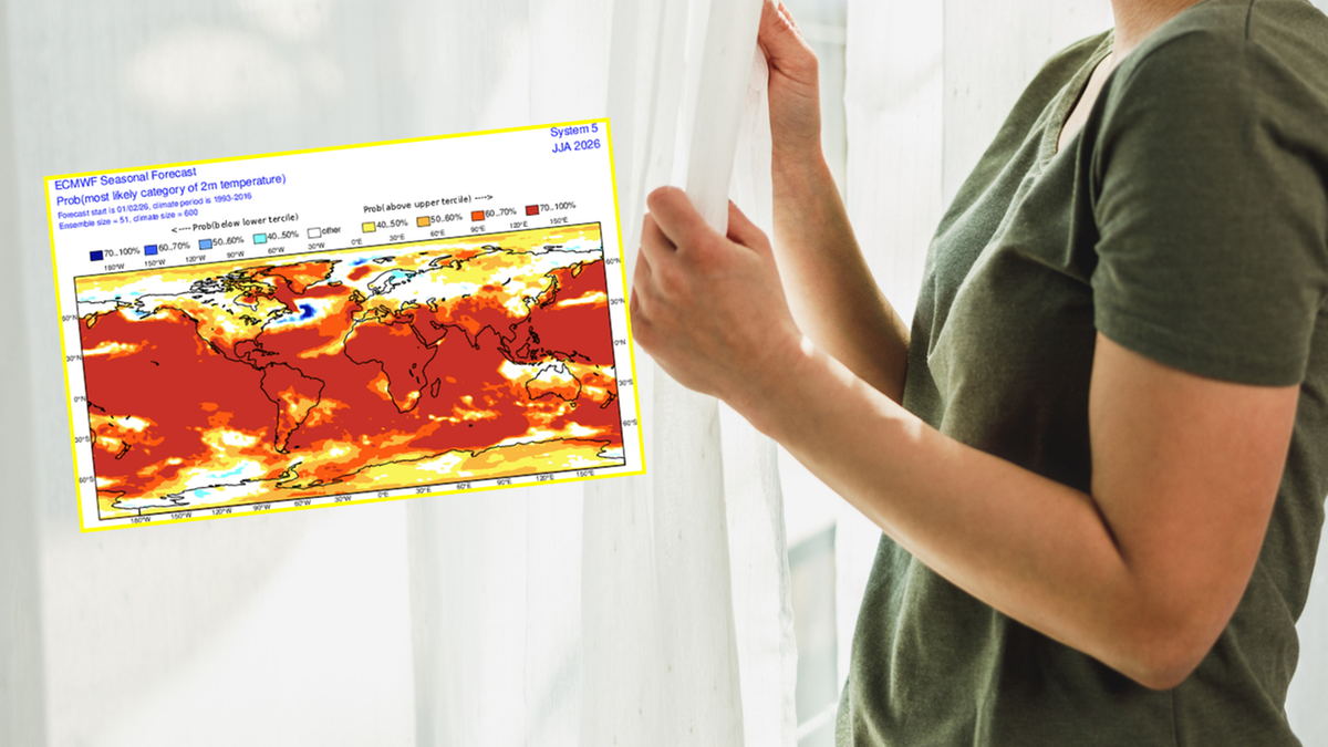 Mapa z prognozą globalnej temperatury, zdominowana przez czerwone odcienie, wskazujące na wysokie temperatury.