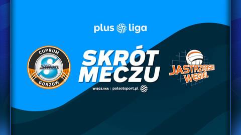 Logo Cuprum Stilon Gorzów i logo JSW Jastrzębski Węgiel obok napisu "SKRÓT MECZU" i logotypu "Plus Liga".