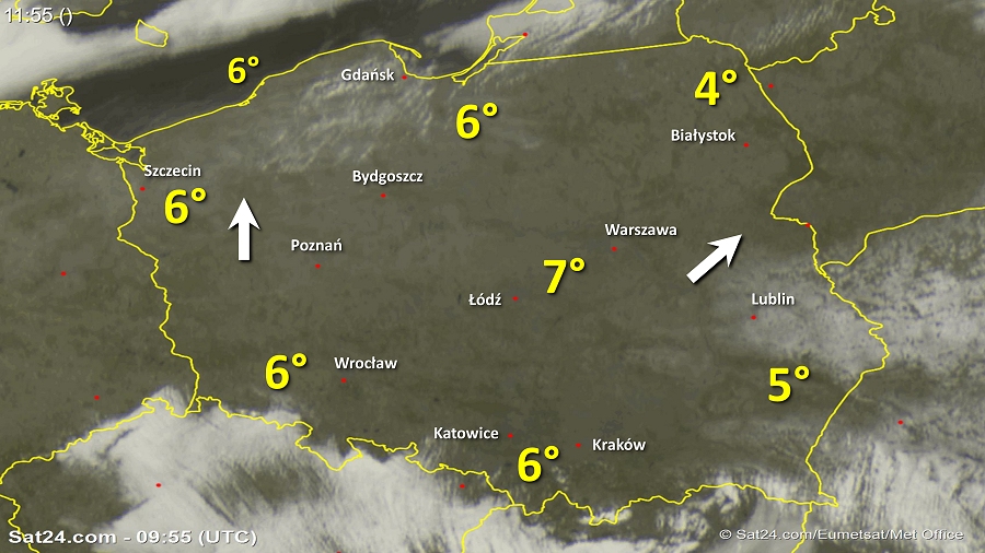 Zdjęcie satelitarne w dniu 25 marca 2018 o godzinie 11:55. Dane: Sat24.com / Eumetsat.