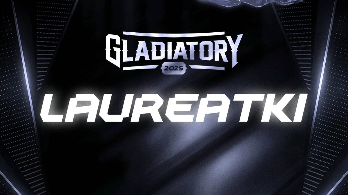 Napis "GLADIATORY 2025" nad napisem "LAUREATKI" na czarnym tle z metalicznymi elementami po bokach.