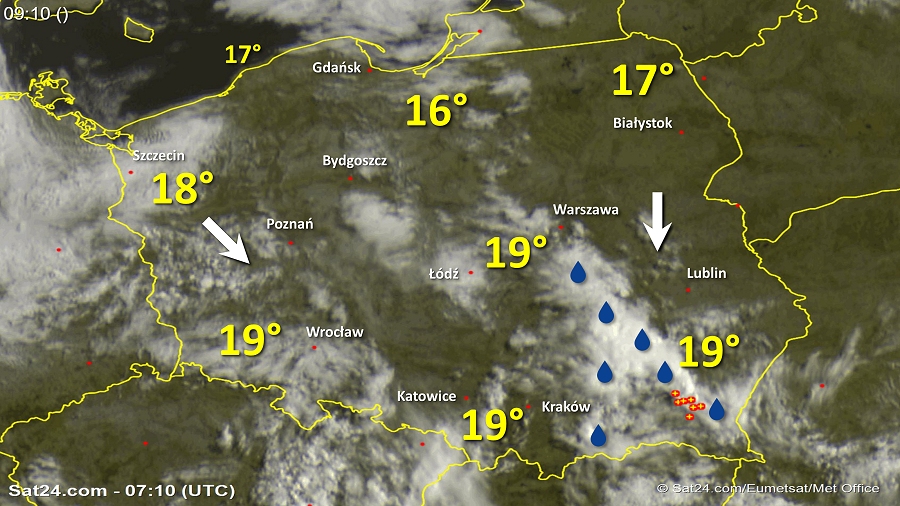 Zdjęcie satelitarne Polski w dniu 8 lipca 2018 o godzinie 9:10. Dane: Sat24.com / Eumetsat.