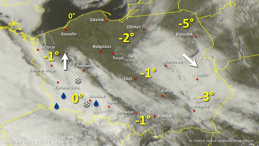 Zdjęcie satelitarne Polski w dniu 2 marca 2019 o godzinie 9:55. Dane: Sat24.com / Eumetsat.