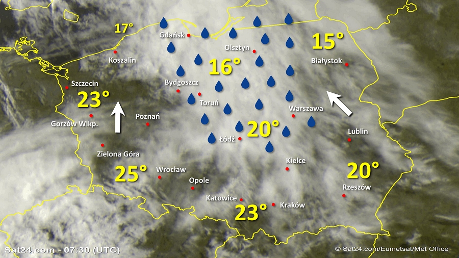 Zdjęcie satelitarne Polski w dniu 10 sierpnia 2019 o godzinie 9:30. Dane: Sat24.com / Eumetsat.