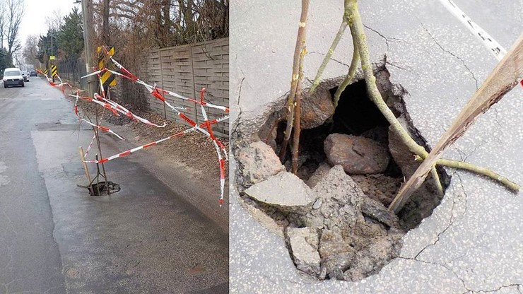 Warszawa: dwumetrowej głębokości dziura w jezdni. Straż Miejska zabezpieczyła ją gałęziami