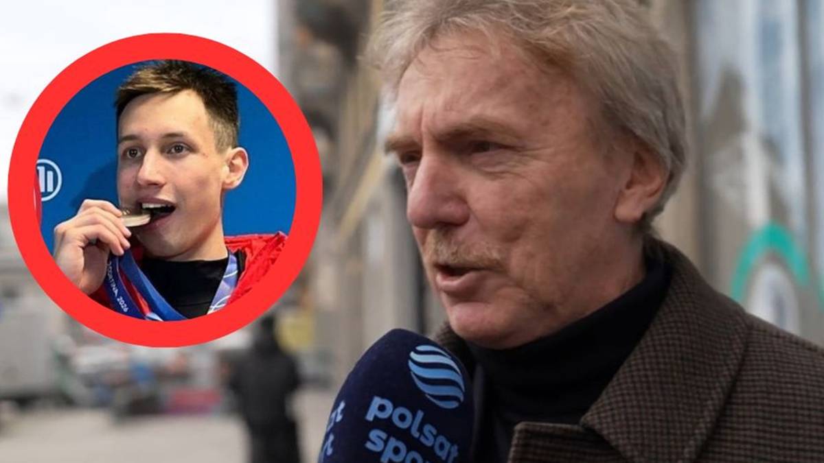 Zbigniew Boniek udziela wywiadu reporterowi Polsat Sport, obok zdjęcie skoczka narciarskiego z medalem.