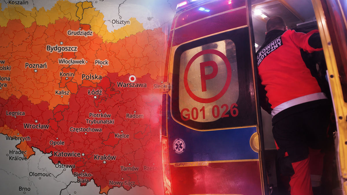 Mapa Polski z zaznaczonymi obszarami o wysokiej temperaturze, obok fragment karetki pogotowia.