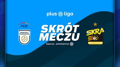 Logo PGE Projekt Warszawa, napis SKR&Oacute;T MECZU, logo PGE GiEK Skra Bełchat&oacute;w, logo Plus Liga.