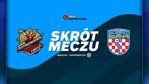 Grafika z logotypami drużyn Piotrkowianin Piotrków Trybunalski i KGHM Chrobry Głogów oraz napisem "SKRÓT MECZU".