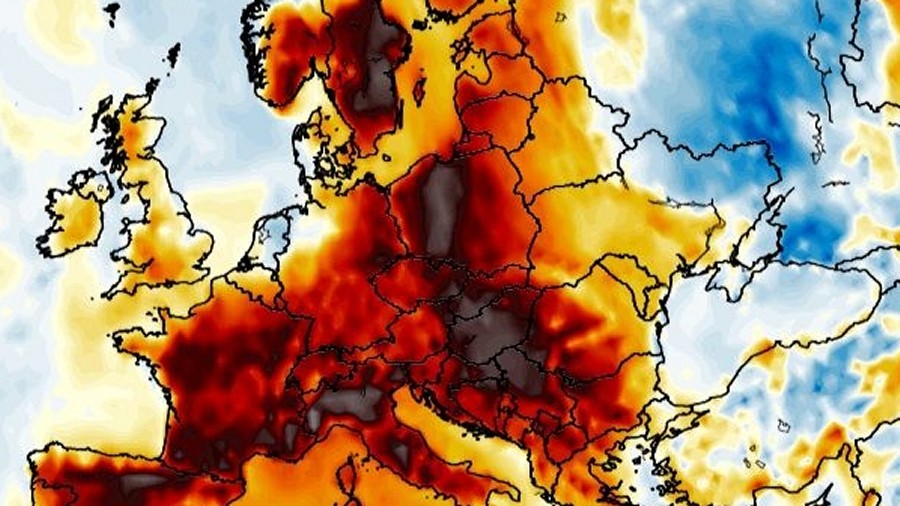 Anomalie temperatury powietrza w Europie w czwartek po południu. Fot. Wxcharts.