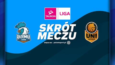 Grafika przedstawiająca logotypy drużyn siatkarskich Moya Radomka Radom i UNI Opole oraz napis 'SKR&Oacute;T MECZU' i logo Tauron Ligi. Tło jest w odcieniach niebieskiego.