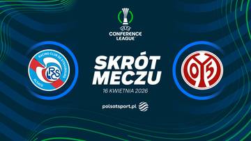 Logo RC Strasbourg po lewej i logo 1. FSV Mainz 05 po prawej, z napisem "SKR&Oacute;T MECZU" pośrodku. Poniżej widnieje data "16 KWIETNIA 2026" oraz logo Polsat Sport.