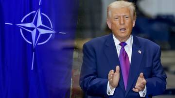 Symbol NATO obok portretu Donalda Trumpa.