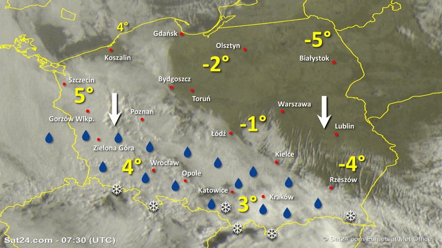 Zdjęcie satelitarne Polski w dniu 7 lutego 2020 o godzinie 8:30. Dane: Sat24.com / Eumetsat.