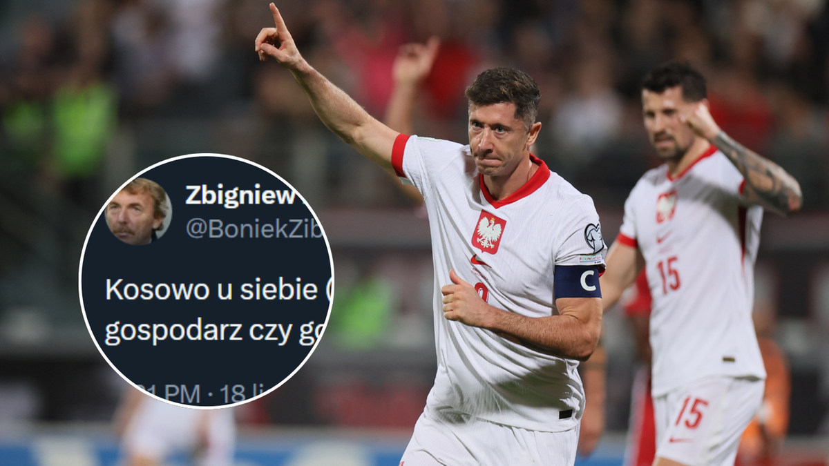 Robert Lewandowski w koszulce reprezentacji Polski unosi rękę, obok niego inny zawodnik, w tle fragment tweeta Zbigniewa Bońka.