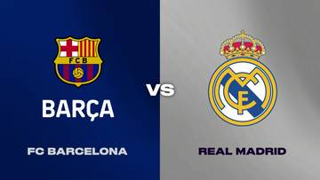 Grafika porównująca herb i nazwę FC Barcelony (po lewej) z herbem i nazwą Realu Madryt (po prawej), z napisem VS pośrodku.