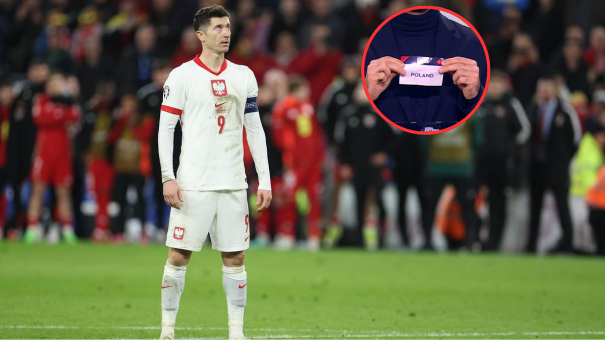 Robert Lewandowski w stroju reprezentacji Polski, z wstawką pokazującą napis "POLAND"