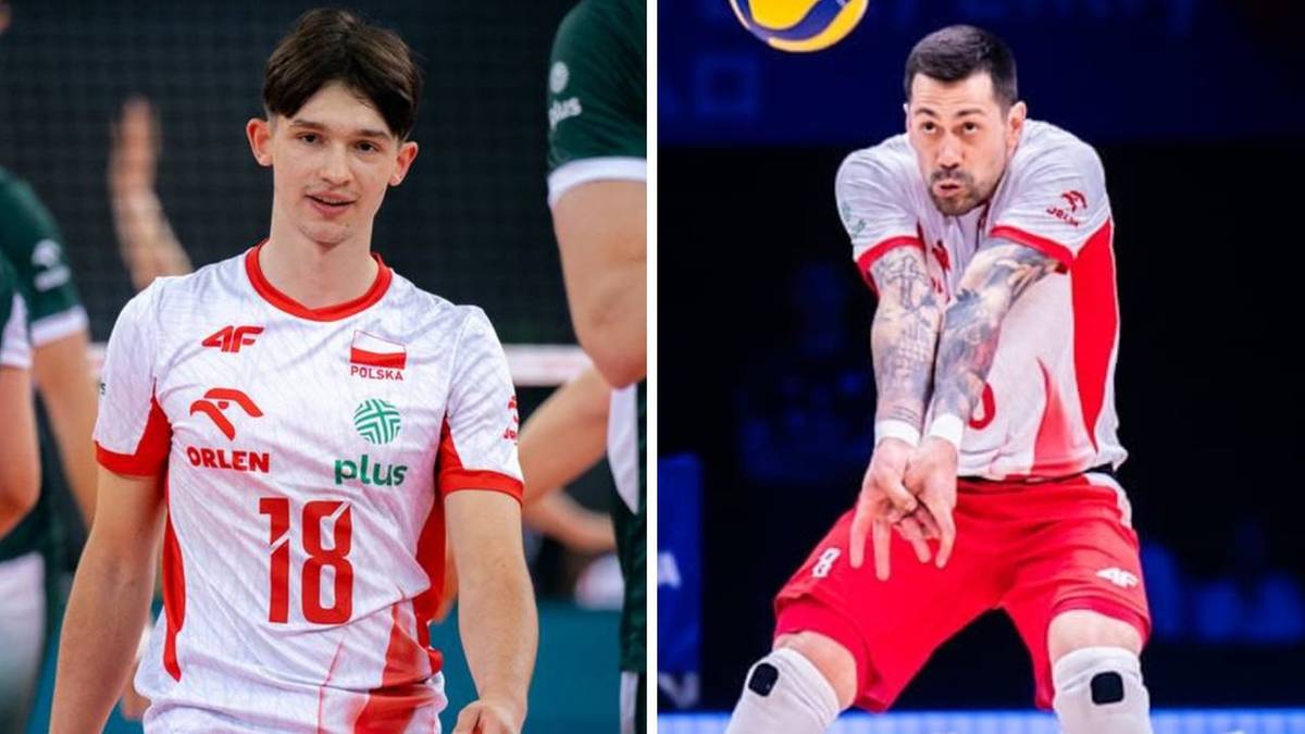 Dwa zdjęcia siatkarzy reprezentacji Polski w białych koszulkach z czerwonymi detalami. Po lewej młody zawodnik z numerem 18, po prawej doświadczony gracz w akcji, odbijający piłkę.