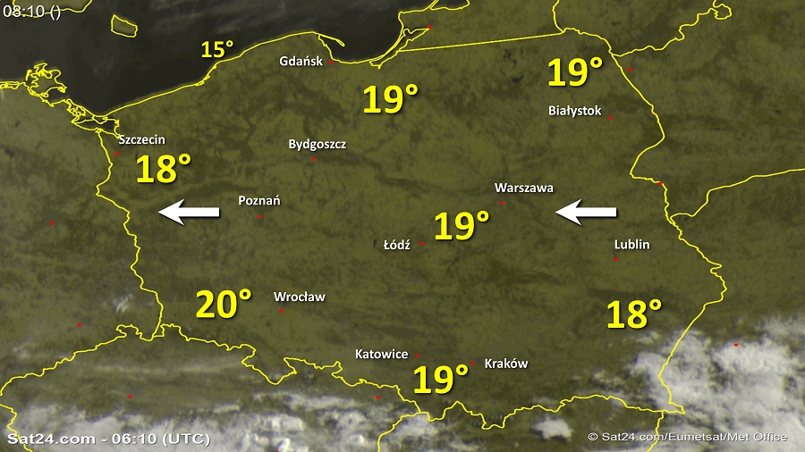 Zdjęcie satelitarne Polski w dniu 8 czerwca 2018 o godzinie 8:15. Dane: Sat24.com / Eumetsat.