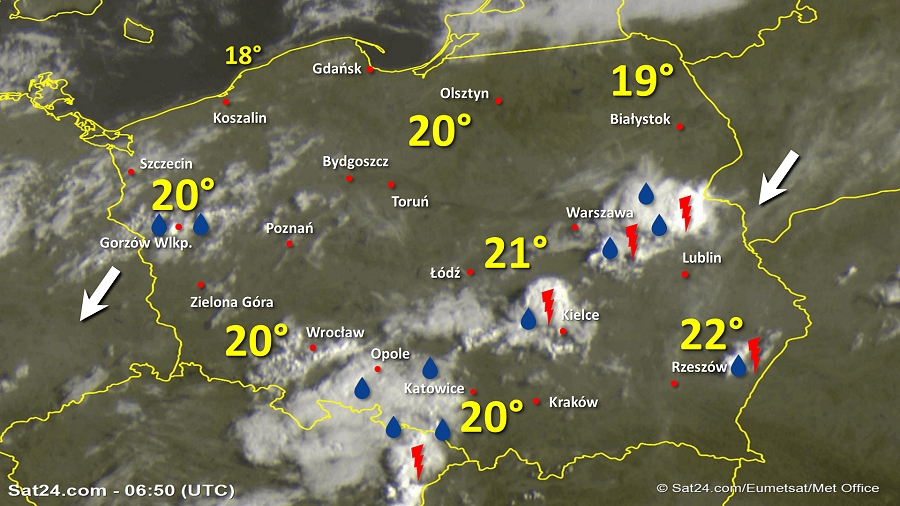 Zdjęcie satelitarne Polski w dniu 30 sierpnia 2019 o godzinie 8:50. Dane: Sat24.com / Eumetsat.