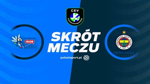 Grafika zapowiadająca skrót meczu siatkarskiego Igor Gorgonzola Novara - Fenerbahce Medicana Stambuł. Widoczne logotypy obu drużyn oraz napis "SKRÓT MECZU".