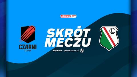 Logo Energii Czarnych Słupsk obok napisu SKR&Oacute;T MECZU i logo Legii Warszawa.