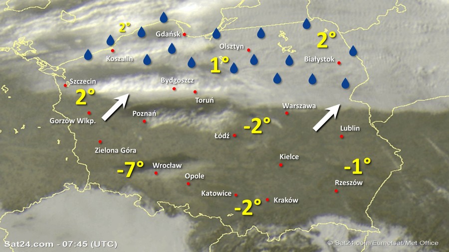 Zdjęcie satelitarne Polski w dniu 24 stycznia 2020 o godzinie 8:45. Dane: Sat24.com / Eumetsat.