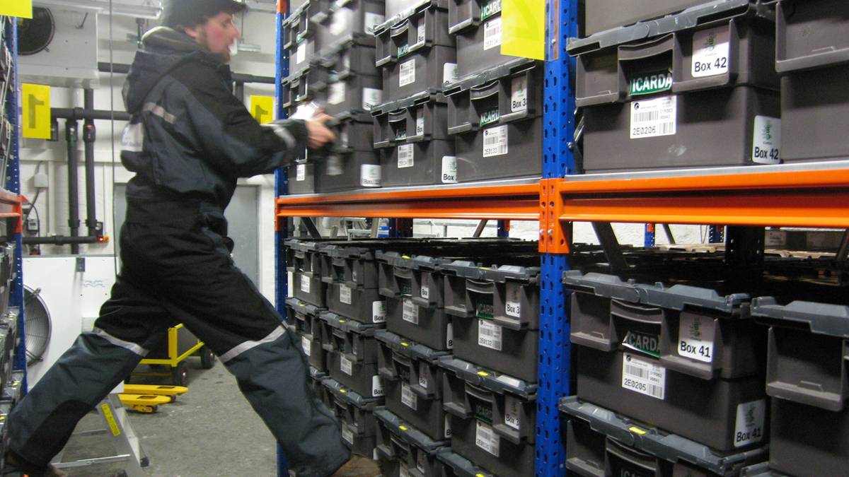 Pracownik transportuje kolejne zasoby do Globalnego Banku Nasion