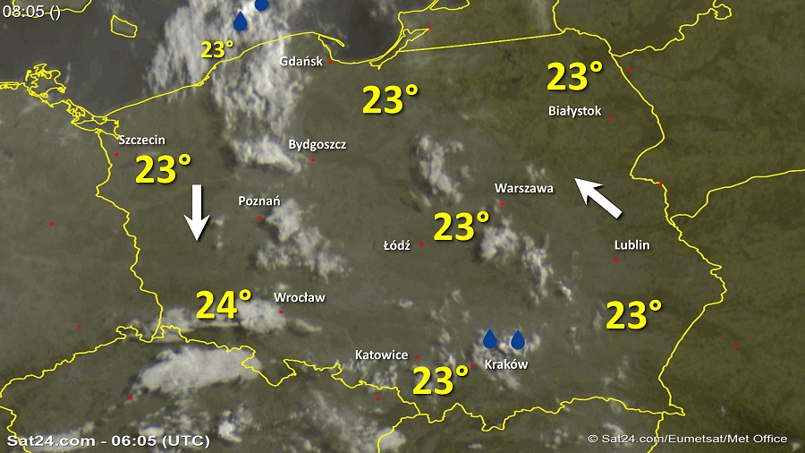 Zdjęcie satelitarne Polski w dniu 9 sierpnia 2018 o godzinie 8:05. Dane: Sat24.com / Eumetsat.