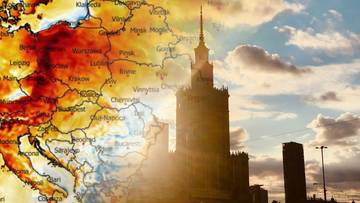 Mapa Europy z zaznaczonymi obszarami wysokiej temperatury, nałożona na zdjęcie warszawskiej panoramy z Pałacem Kultury i Nauki o zachodzie słońca.
