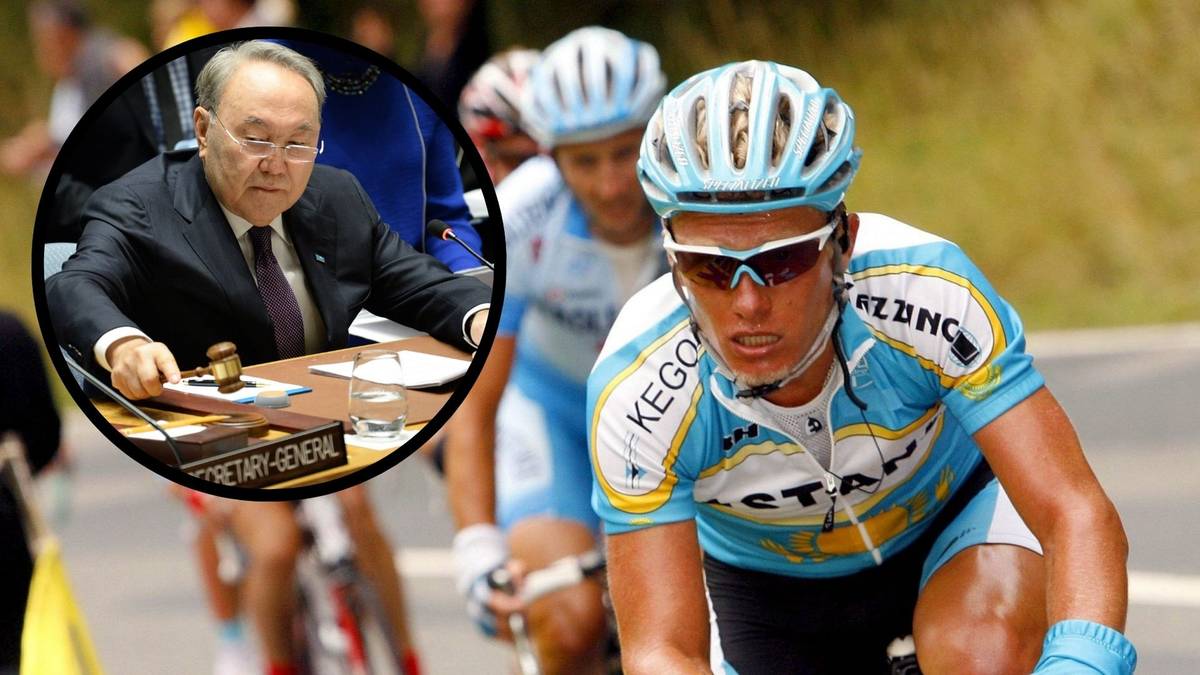 Portret polityka w okrągłym kadrze nałożony na zdjęcie kolarza ścigającego się na rowerze.