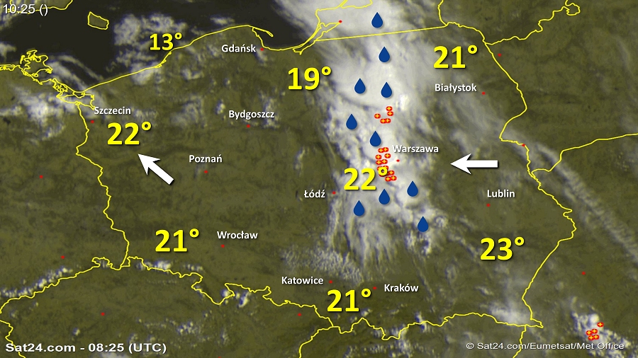Zdjęcie satelitarne Polski w dniu 26 maja 2018 o godzinie 10:25. Dane: Sat24.com / Eumetsat.