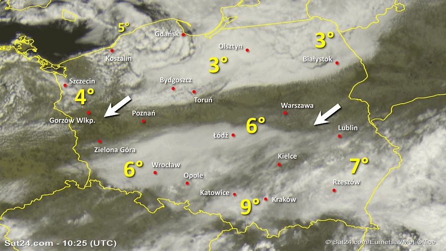 Zdjęcie satelitarne Polski w dniu 10 kwietnia 2019 o godzinie 12:25. Dane: Sat24.com / Eumetsat.