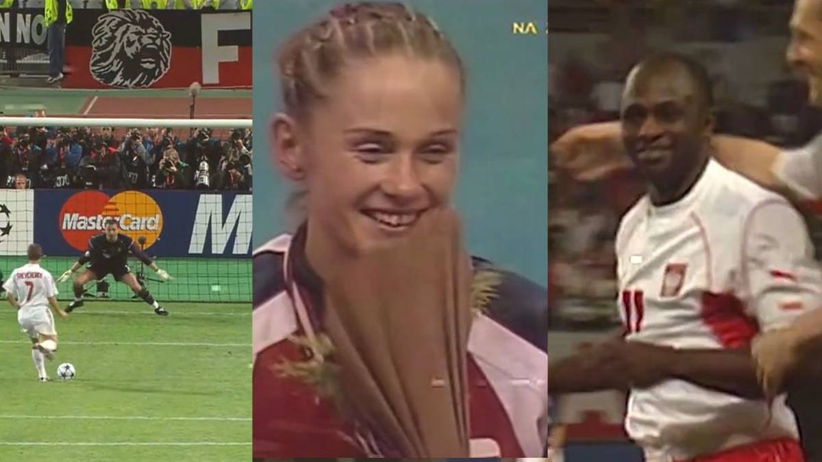 Trzy kolaże zdjęć z wydarzeń sportowych. Pierwsze zdjęcie przedstawia bramkarza ratującego bramkę, drugie młodej kobiety z medalem na szyi, a trzecie mężczyzny w stroju piłkarskim z numerem 11.