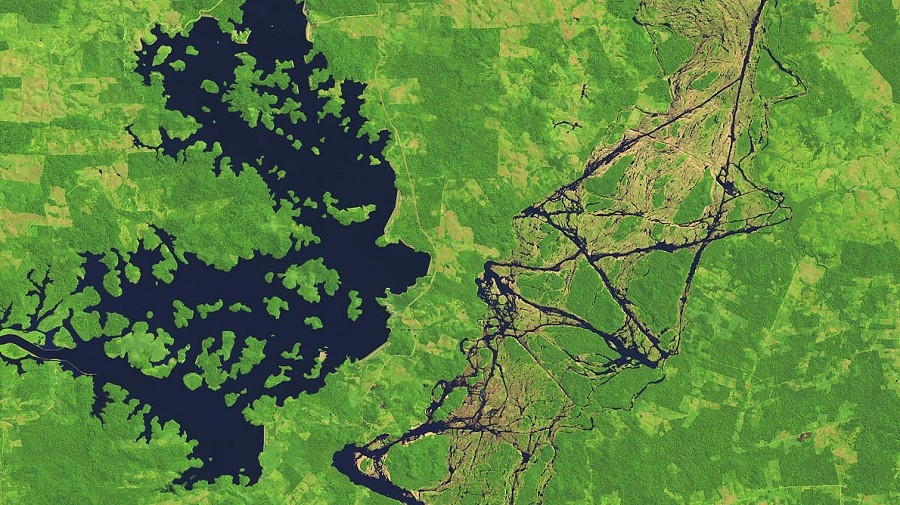 Po prawej stronie dawny bieg rzeki Xingu, a po lewej obecny. Fot. NASA.