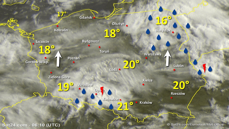 Zdjęcie satelitarne Polski w dniu 7 sierpnia 2019 o godzinie 8:10. Dane: Sat24.com / Eumetsat.