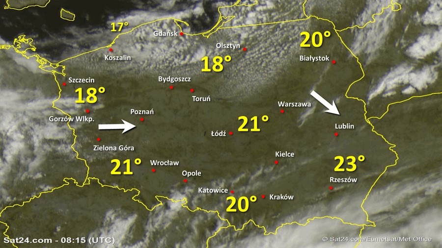 Zdjęcie satelitarne Polski w dniu 25 lipca 2020 o godzinie 10:15. Dane: Sat24.com / Eumetsat.