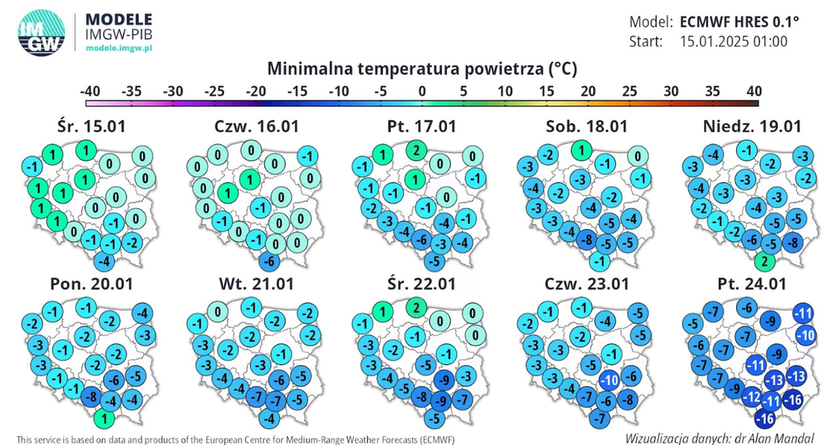 Temperatura minimalna w drugiej połowie stycznia. Źródło: IMGW