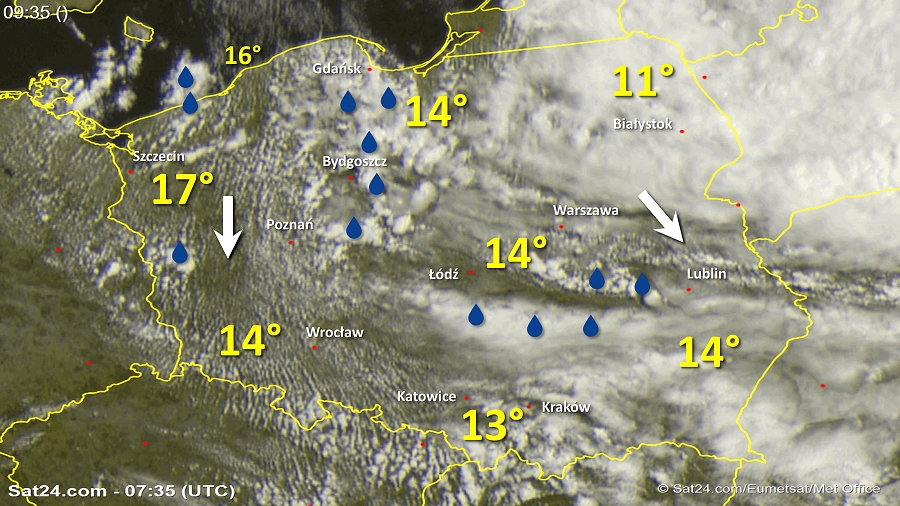 Zdjęcie satelitarne Polski w dniu 1 lipca 2018 o godzinie 9:35. Dane: Sat24.com / Eumetsat.