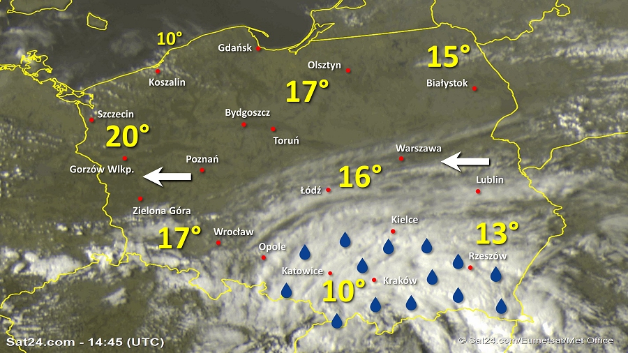 Zdjęcie satelitarne Polski w dniu 6 kwietnia 2019 o godzinie 16:45. Dane: Sat24.com / Eumetsat.