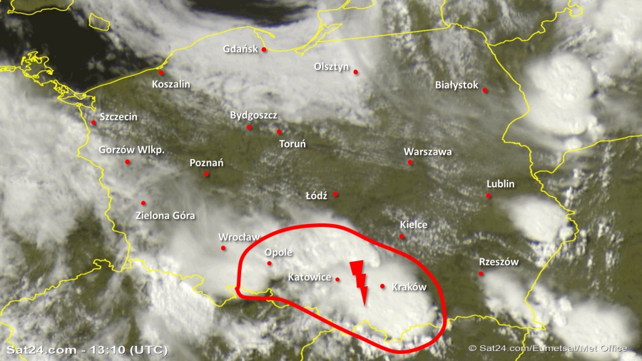 Zdjęcie satelitarne Polski w dniu 16 czerwca 2019 o godzinie 15:10. Dane: Sat24.com / Eumetsat.