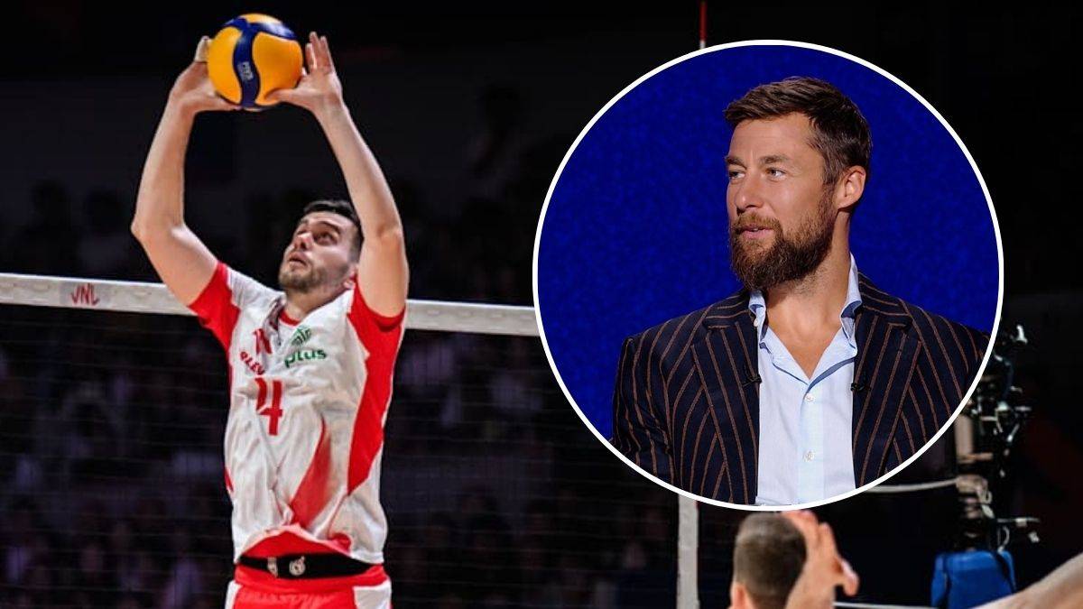 Siatkarz Michał Kubiak w akcji podczas meczu, obok jego portret w okręgu.