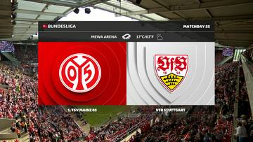 Ekran informacyjny z meczu piłki nożnej: 1. FSV Mainz 05 vs VfB Stuttgart. Widoczne loga obu drużyn oraz nazwy klub&oacute;w.