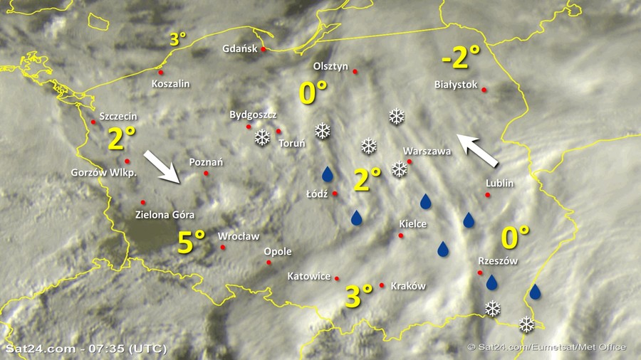 Zdjęcie satelitarne Polski w dniu 14 lutego 2020 o godzinie 8:35. Dane: Sat24.com / Eumetsat.