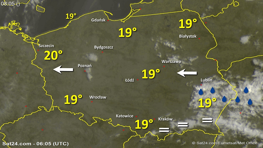 Zdjęcie satelitarne Polski w dniu 17 sierpnia 2018 o godzinie 8:05. Dane: Sat24.com / Eumetsat.