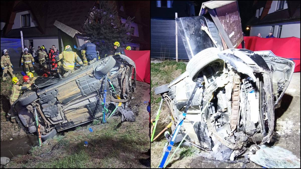 Dwa ujęcia rozbitego samochodu osobowego po wypadku drogowym, z widocznymi na jednym ze zdjęć ratownikami.
