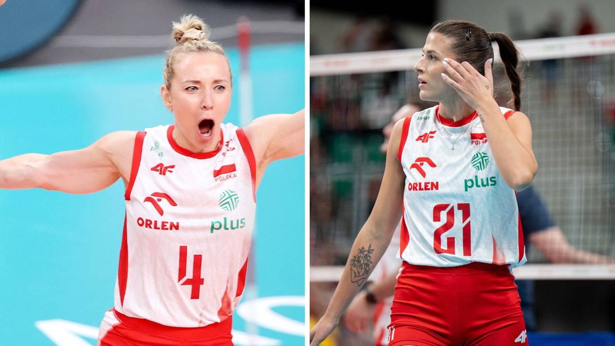 Dwóch kobiet w biało-czerwonych strojach siatkarskich z numerami 4 i 21 na koszulkach.