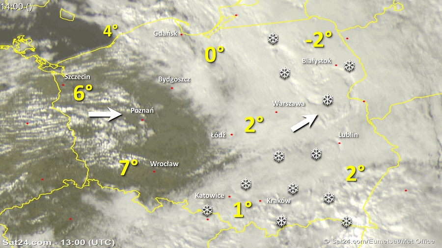 Zdjęcie satelitarne w dniu 16 lutego 2018 o godzinie 14:00. Dane: Sat24.com / Eumetsat.